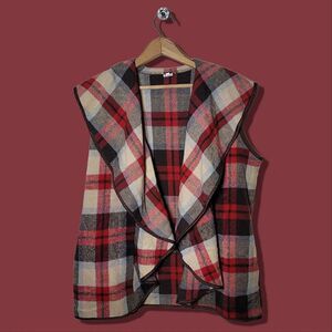 Plaid Red & Brown Flowy Drape Open-Front Vest